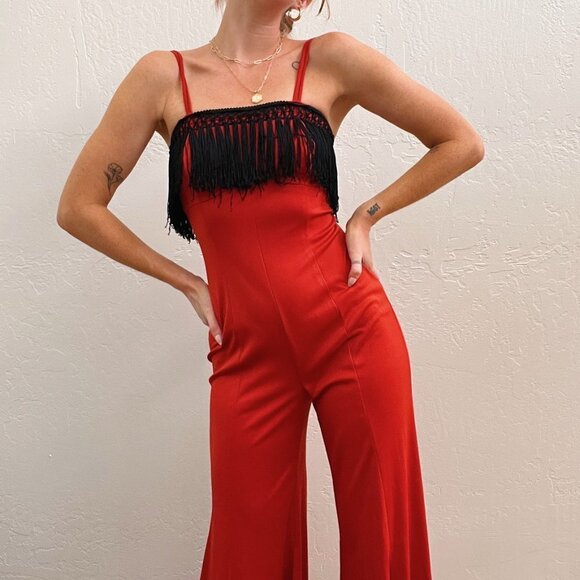 Vintage 1970's Red Orange Bell Bottom Flare Black Fringe Disco Jumpsuit - Picture 4 of 5